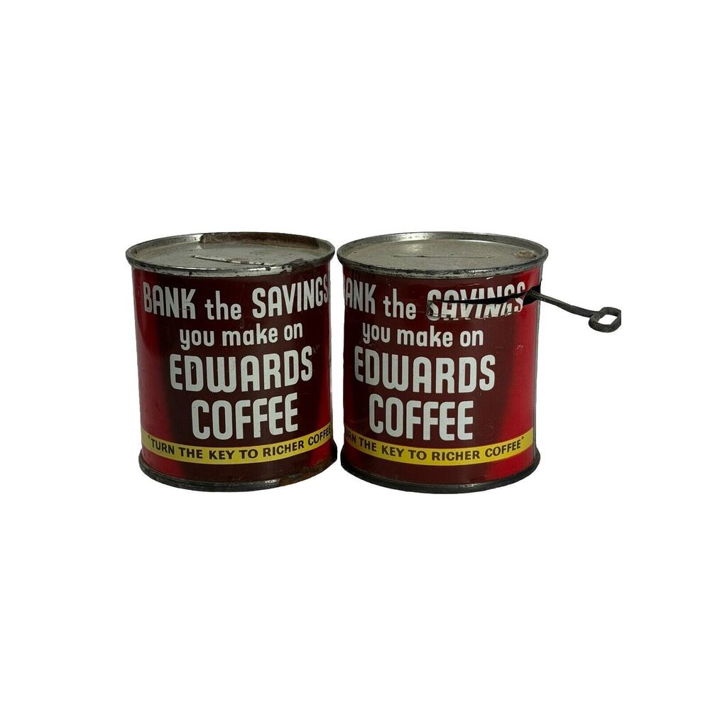 VINTAGE METAL CAN COIN BANK SAFEWAY GROCERY EDWARDS COFFEE W/ TURN KEY
